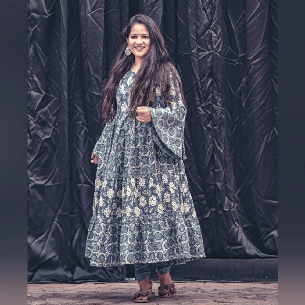 Women Blue Printed Anarkali Tiered Kurta